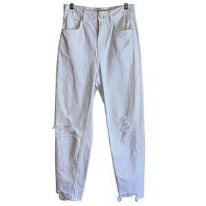 Zara High Waist White Distressed 100% Cotton Strigid Denim Jeans 2